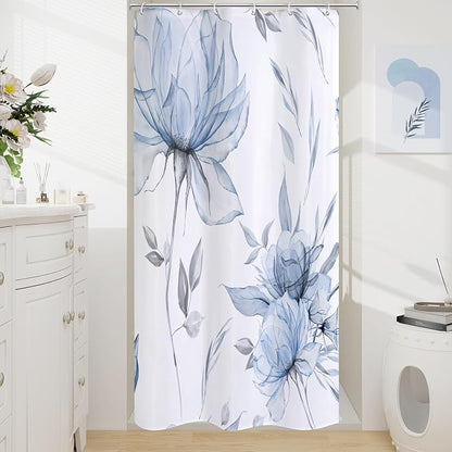 Litabel Blue and Grey Boho Watercolor Floral Shower Curtain, Ink Painting Style Blossom & Leaf Shower Curtains for Chic Elegant Bathroom, Artistic Fabric Cloth Flower Shower Curtain, 48 x 72