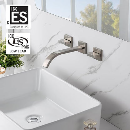 sumerain Brushed Nickel Bathroom Faucet Wall Mount Lavatory Faucet with Rough in Valve