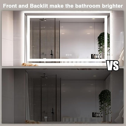 EchosLife 60"x40" LED Mirror for Bathroom | Backlit + Front Lit, Anti-Fog, Stepless Dimmable, 3 Colors, Memory, Tempered Glass, UL Listed, Horizontal/Vertical