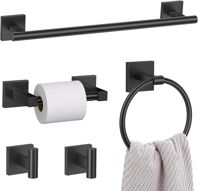 Lairuier Matte Black Bathroom Accessories, Towel Bar Set Wall Mounted | 5 Pieces Bathroom Hardware Set, SUS304 Stainless Steel Double Base 23.6" Towel Bar, Towel Ring, Toilet Paper Holder & Hooks