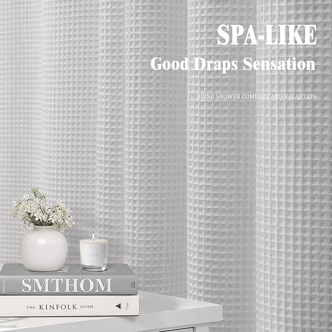 Extra Long Waffle Shower Curtain Heavyweight Cotton Fabric Light Grey 72Wx90L
