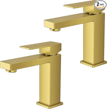 FORIOUS Bathroom Sink Faucet 1 Hole Single Handle 2 Pack Brushed Gold | For 1 or 3 Hole 4 Inch Centerset Sink, with Pop-up Drain, NSF61 Certificate, Single Handle Faucet for Sink Vanity RV Restroom