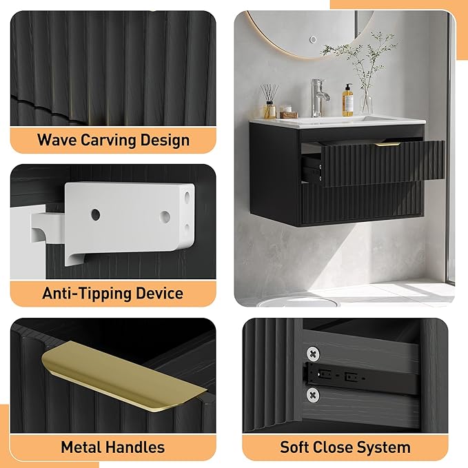 24 Inch Floating Bathroom Vanity with Sink, Bathroom Wall Cabinet with 2 Fluted Drawers & Metal Handle, Wall Mounted Cabinet for Bathrooms (Black, 24 inch, with Sink)
