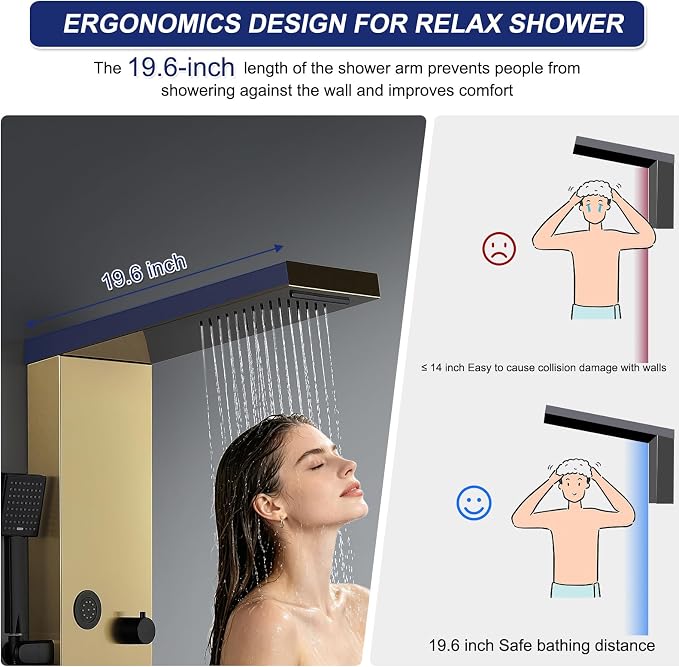 ROVATE 4-in-1 Rainfall Waterfall Shower Panel Tower System, Brushed Gold | Shower Column with Body Massage Jets and Handheld, Stainless Steel High Pressure, Use Multiple Functions Simultaneously