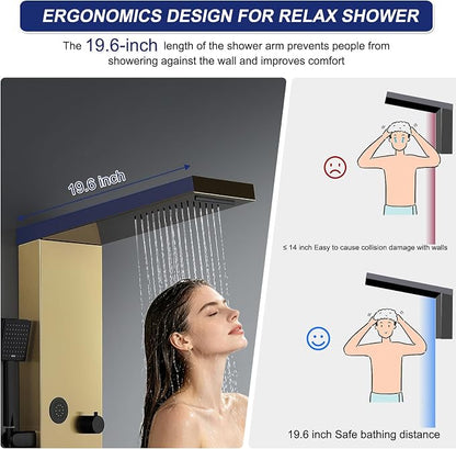 ROVATE 4-in-1 Rainfall Waterfall Shower Panel Tower System, Brushed Gold | Shower Column with Body Massage Jets and Handheld, Stainless Steel High Pressure, Use Multiple Functions Simultaneously