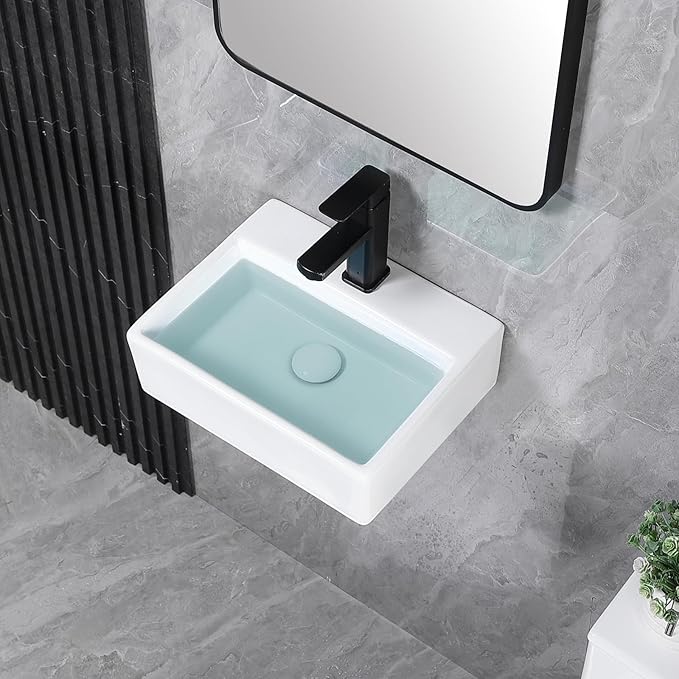 Small Vessel Sink 15"x12" Wall Mount Bathroom Sink Rectangular White Porcelain Ceramic Mini Floating Tiny Bathroom Wall Mounted RV Sink