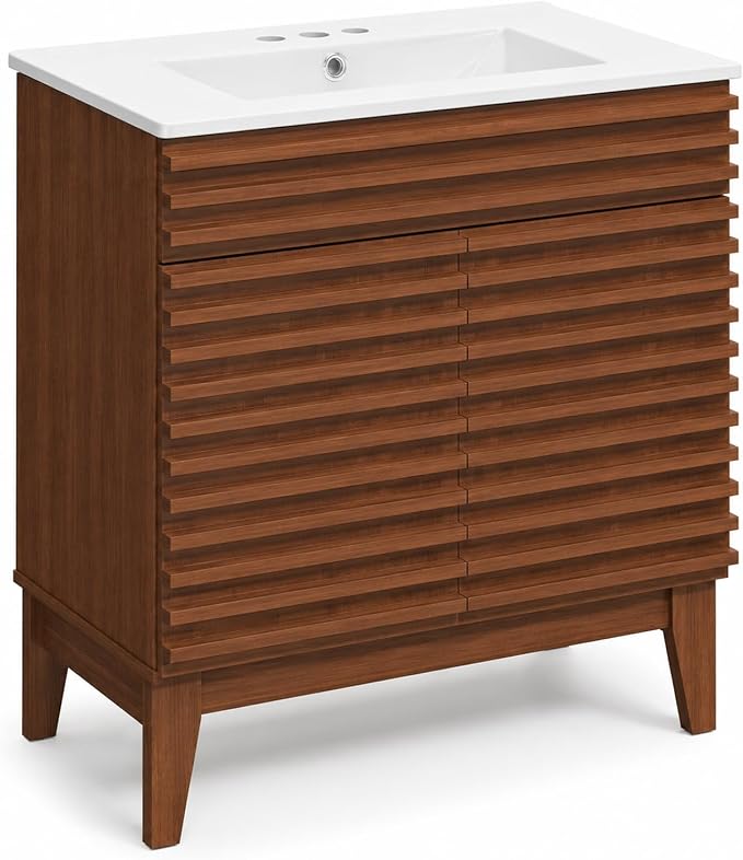 30 Inch Bathroom Vanity with Sink, Walnut Fluted Freestanding Bathroom Vanity Cabinet with Ceramic Sink Top, Solid Wood Legs, Soft Close Double Doors and Modern Storage Cabinet