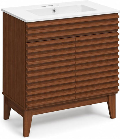 30 Inch Bathroom Vanity with Sink, Walnut Fluted Freestanding Bathroom Vanity Cabinet with Ceramic Sink Top, Solid Wood Legs, Soft Close Double Doors and Modern Storage Cabinet