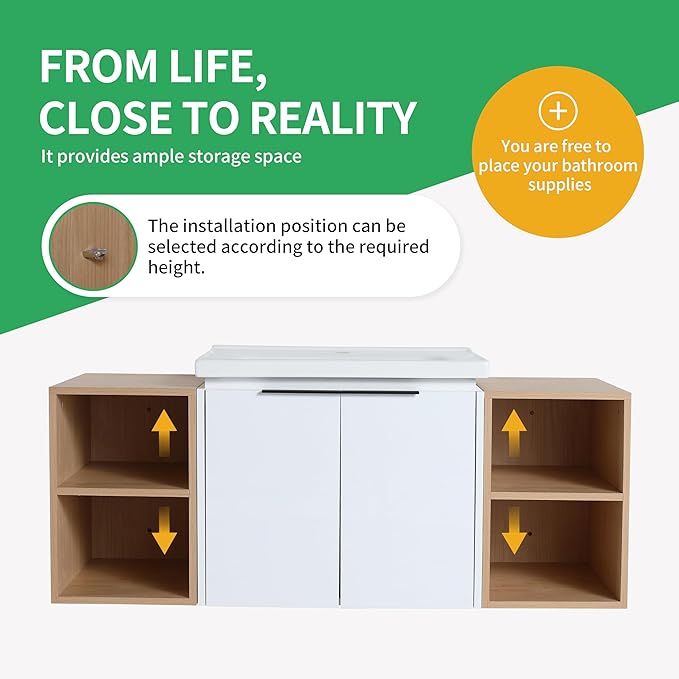 48 Inch Bathroom Vanity with Sink Combo, Wall-Mounted Bathroom Vanity with Soft Close Doors&2 Side Shelf,Modern Floating Bathroom Vanity with Top Basin & Storage Cabinet,White