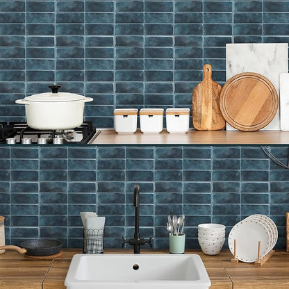 Peel and Stick Backsplash 3D Wall Tiles,Self-Adhesive,Oil Proof,Waterproof, Removable Wall Panels for Kitchen & Bathroom,Modern Design, Easy Install (10.7ft，12x9 inch,14 Pack) (Blue)