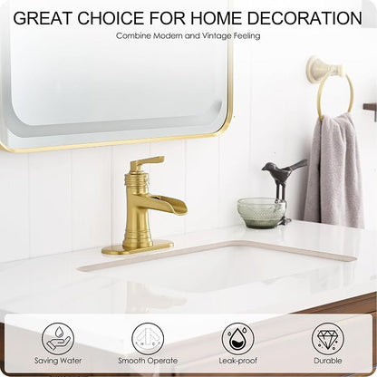 Brushed Gold Bathroom Faucets One Hole, Brass Waterfall Bathroom Sink Faucet 3 Hole 4 Inch With Pop-up Drain, Deck Plate, Pre-Installed cUPC Hose for Farmhouse, Lavatory, 5 Mins Quick Install