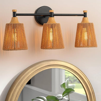 Bathroom Light Fixtures, Boho 3 Light Bathroom Vanity Light Over Mirror with Rattan Woven Wicker Lampshade Rustic Wall Sconce Lighting for Bedroom Kitchen Hallway