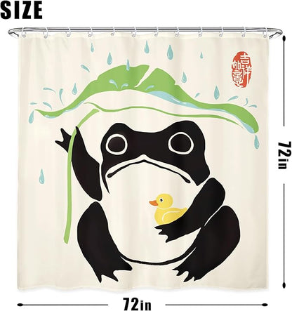 LGhtyro 4PCS Funny Frog 71Wx71H Inches Duck Traditional Japanese Leaf Rain Shower Curtain Sets with Rugs,Toilet Lid Cover and Bath Mat,Lovely Bath Accessories Art Home Decor Fabric 12 Pack Hooks