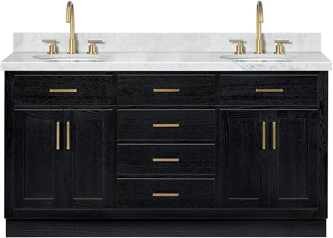 ARIEL Hepburn 66-inch Bathroom Vanity with Sink,Solid Wood, 1.5-inch Italian Carrara Marble Countertop & Backsplash, Double Oval Porcelain Sink, 4 Soft Closing Doors, 6 Dovetail Drawers, Black Oak