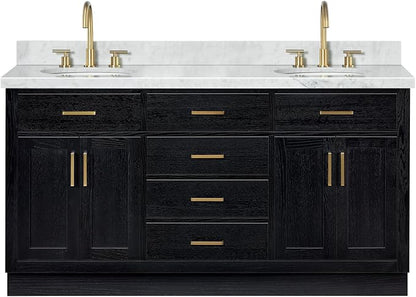 ARIEL Hepburn 66-inch Bathroom Vanity with Sink,Solid Wood, 1.5-inch Italian Carrara Marble Countertop & Backsplash, Double Oval Porcelain Sink, 4 Soft Closing Doors, 6 Dovetail Drawers, Black Oak