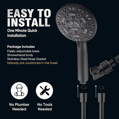 Cobbe 8-Setting Handheld Shower Head, Water-Saving Design, Matte Black | Trickle Pause Mode, 5ft Stainless Steel Hose, Brass Swivel Bracket, Tool-Free Installation