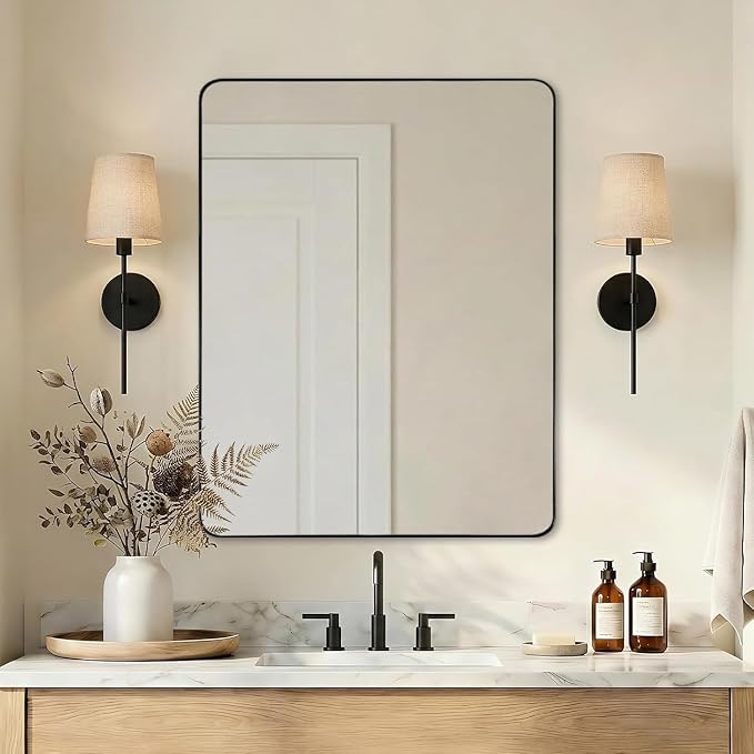 Wall Mirror for Bathroom, 30x36 Matte Black Bathroom Mirror, Modern Stainless Steel Metal Frame Rounded Corner Rectangle Mirror for Vanity