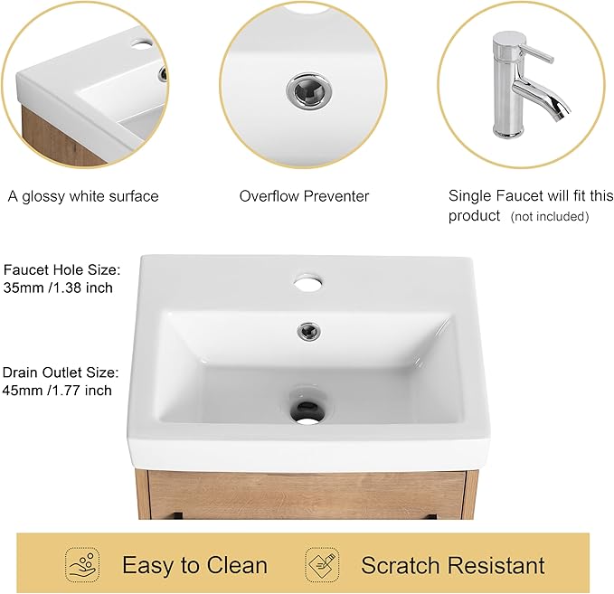 Malwee 18" Floating Bathroom Vanity with Sink, 18 inch Modern Brown Wall Mounted Bathroom Cabinet Combo for Small Space, Narrow Bath Wall-Hung Vanity Set with 1 Ceramic Basin and 1 Door(18imo)