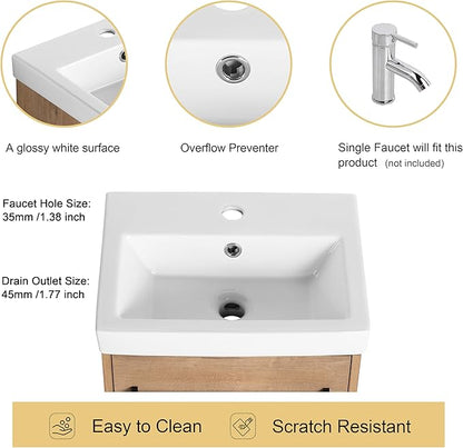 Malwee 18" Floating Bathroom Vanity with Sink, 18 inch Modern Brown Wall Mounted Bathroom Cabinet Combo for Small Space, Narrow Bath Wall-Hung Vanity Set with 1 Ceramic Basin and 1 Door(18imo)