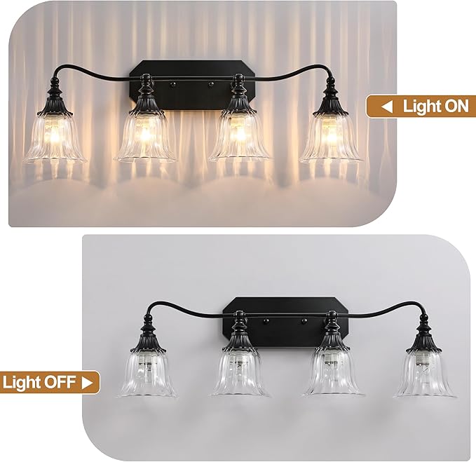 Bathroom Vanity Black Vintage Light Fixture, 4 Lights Bathroom Lighting Matte Antique Brass Finish with Crystal Glass Shade, Black Vintage Vanity Light for Bathroom‘s