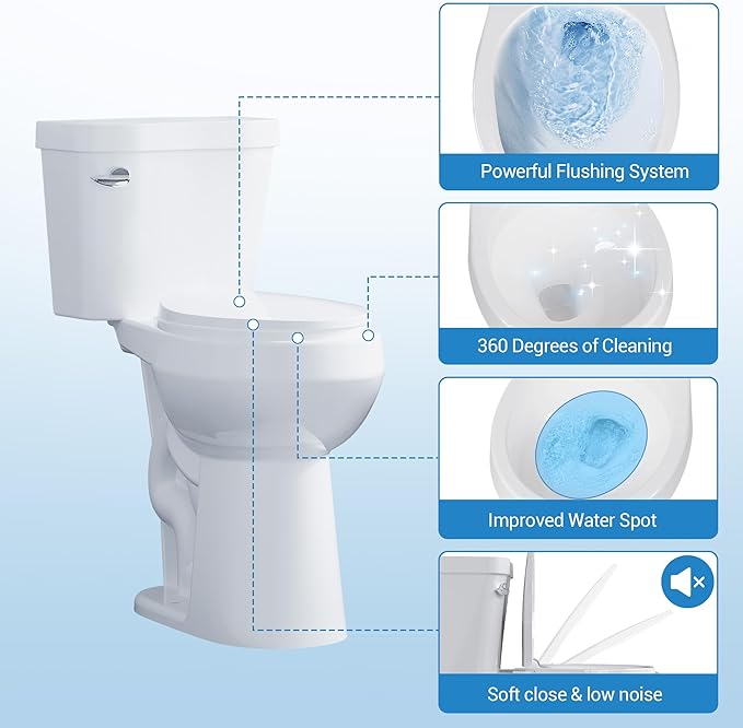 Two-Piece Toilets for Bathrooms, Height 21" Extra Tall, Round with Soft Close Seat, Power Flush 1.28 GPF