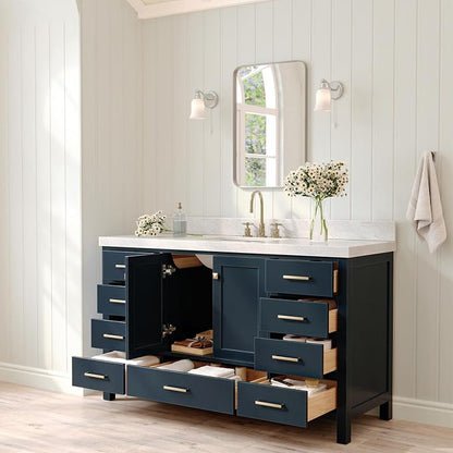 ARIEL Cambridge 60-inch Bathroom Vanity with Sink,Solid Wood, 2-inch Italian Carrara Marble Countertop, Single Rectangular Porcelain Sink, 2 Soft Closing Doors, 9 Dovetail Drawers, Midnight Blue