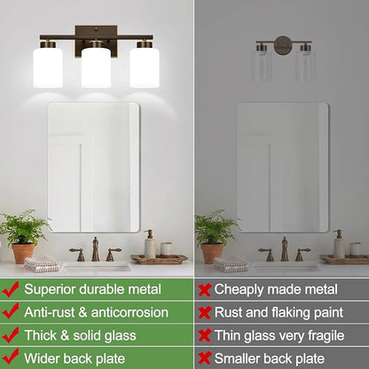 3-Light Bathroom Light Fixtures, Brown and Gold Vanity Light with Milky White Frosted Glass Shades, Modern Vanity Lighting Fixtures for Bathroom, Mirror, Bedroom, Hallway, Living Room