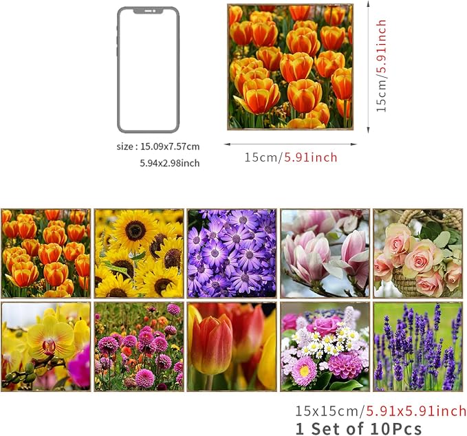 Alwayspon Vinyl Sticker Peel and Stick, Self-Adhesive Wall Tile Transfers Backsplash Sticker Decal for Kitchen Bathroom, 6x6inch/15x15cm 10Pcs, Flowers T039