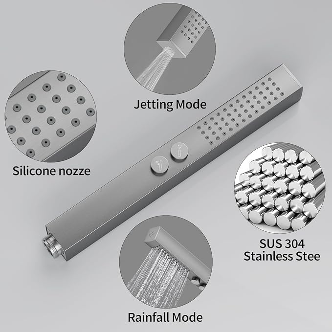 RUMOSE Rainfall Shower System with 4 Body Jets Wall Mounted 4 Mode Shower Faucet Set with 12 Inch Rain Shower Head and 2 in 1 Handheld Spray, Brushed Nickel Brass Shower Fixtures, Rough-in Valve