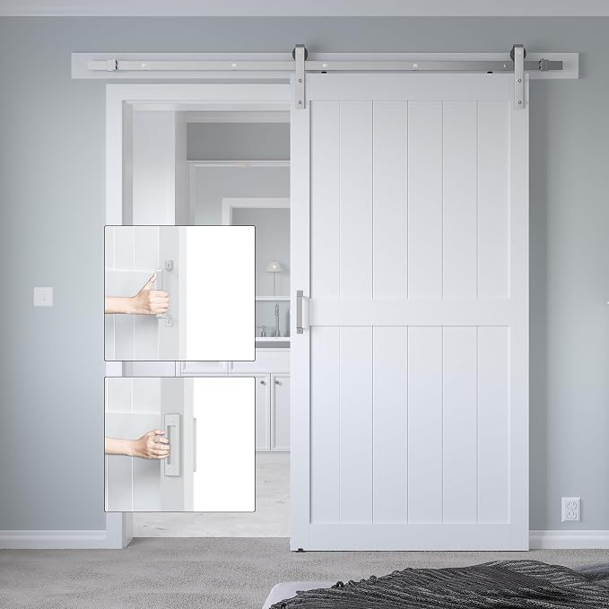 42" x 96" Sliding Barn Door with 7ft Brushed Nickel Hardware Kit & Handle | Pre-Drilled Holes Easy Assembly -White Solid Barn Door Slab Covered with Water-Proof PVC Surface, H-Frame