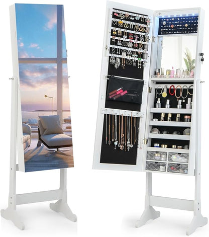 CHARMAID Jewelry Armoire Cabinet with Full Length Mirror, 6 LEDs Standing Lockable Jewelry Organizer with Vanity Makeup Mirror, 4 Storage Drawers, 4 Shelves, Lipstick Tray, 4 Angles (White)