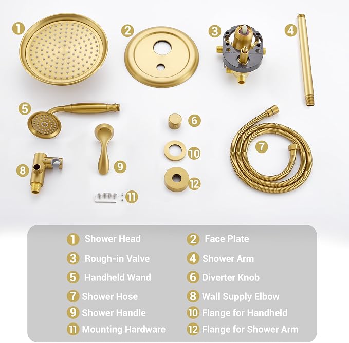 DASAN Rain Shower System Complete Antique Shower Faucet Sets, Shower Fixtures Combo with Pressure Balance Valve, Trim Kit, 9’’ Rainfall Overhead Shower & Handheld, Color Brushed Gold AT209C-BTG
