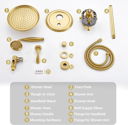 DASAN Rain Shower System Complete Antique Shower Faucet Sets, Shower Fixtures Combo with Pressure Balance Valve, Trim Kit, 9’’ Rainfall Overhead Shower & Handheld, Color Brushed Gold AT209C-BTG