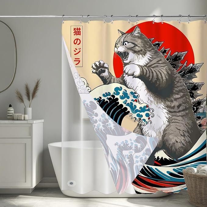 3 in 1 Funny Japanese Cat Shower Curtain with PEVA Liner Set, Vintage Cat Art Japan Anime Wave Fabric Shower Curtain with 12 Double Sided Stainless Steel Shower Curtain Hooks for Bathroom, 72 x 72
