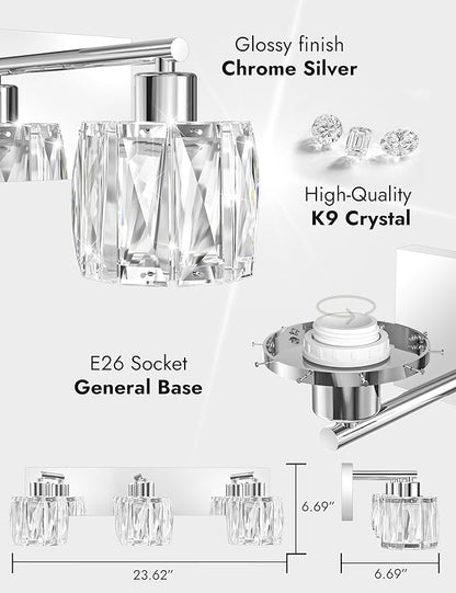 VOLISUN Crystal Vanity Lights - 3 Light Modern Stainless Steel Bathroom Light Over Mirror, Chrome Finish - UL Certificated (Exclude Bulb)