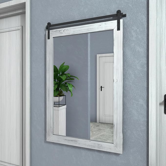 COGOOD Farmhouse Bathroom Mirrors for Over Sink - 38 x 25 White | Rustic Barn Door Wood Framed Vanity Mirror for Entryway, Living Room, Bedroom, Dresser Wall Decor