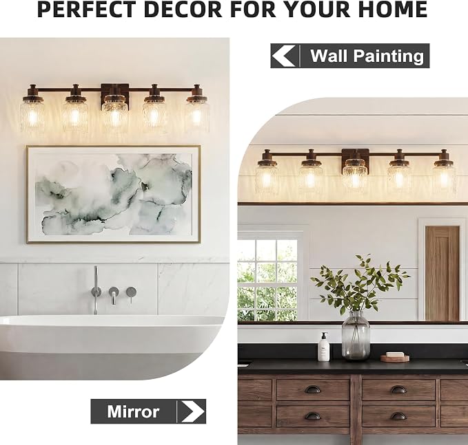 5 Light Bathroom Vanity Light Fixtures Farmhouse Oil Rubbed Bronze | ETL Certificate, Easy to Install,Wall Mount Up or Down,Hammered Glass Lampshade,E26 Socket,Hardwired,120V
