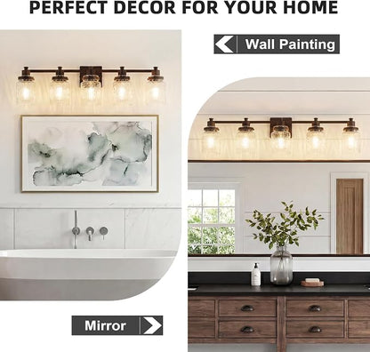 5 Light Bathroom Vanity Light Fixtures Farmhouse Oil Rubbed Bronze | ETL Certificate, Easy to Install,Wall Mount Up or Down,Hammered Glass Lampshade,E26 Socket,Hardwired,120V