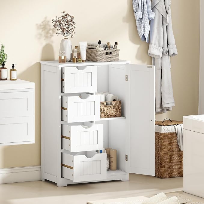 Giantex Storage Cabinet with 4 Drawers, Bathroom Storage Organizer with Cupboard, Adjustable Shelf, Anti-Toppling Device, Floor Cabinet, Entryway Storage Unit Console Table, White