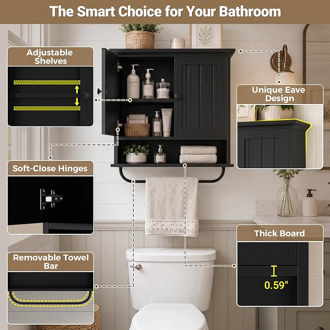 Besiost Farmhouse Bathroom Wall Medicine Cabinet with Removable Towel Bar | Over Toilet Storage Organizer, 7.9" Slim Profile, 100 Lbs Capacity, Adjustable Shelf, Soft Close Hinges Door, Black