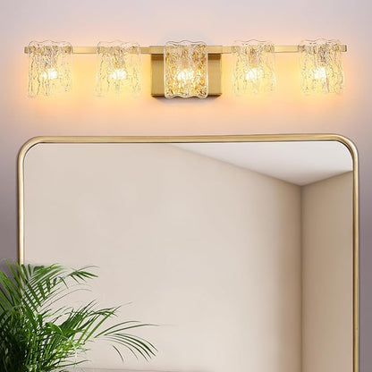 5-Light Bathroom Vanity Lights, 31" Brushed Gold Bathroom Light Fixtures Over Mirror with Clear Glass, Modern Bath Wall Sconce Lighting for Bath Restroom, OS-MM5002-5BG