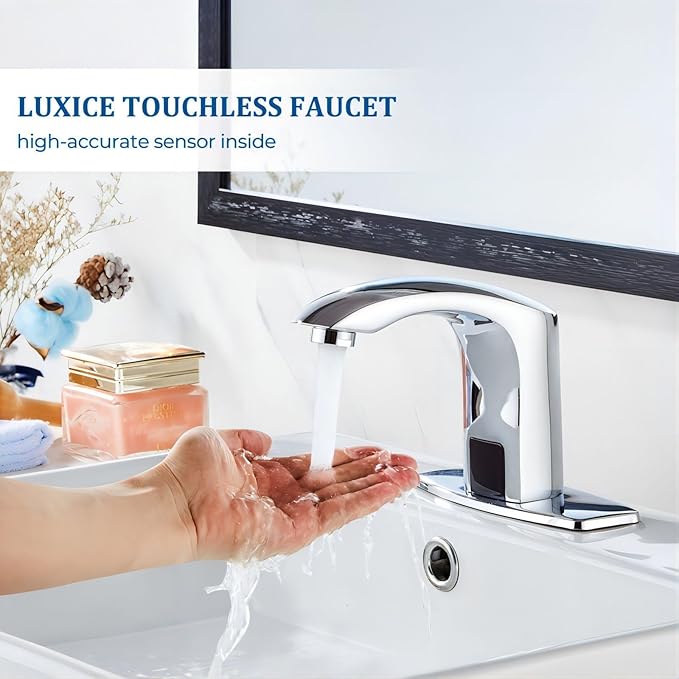 Luxice Sensor Automatic Touchless Bathroom Sink Faucet Hot & Cold Mixer Cover Plate Included Faucet,Chrome Finished