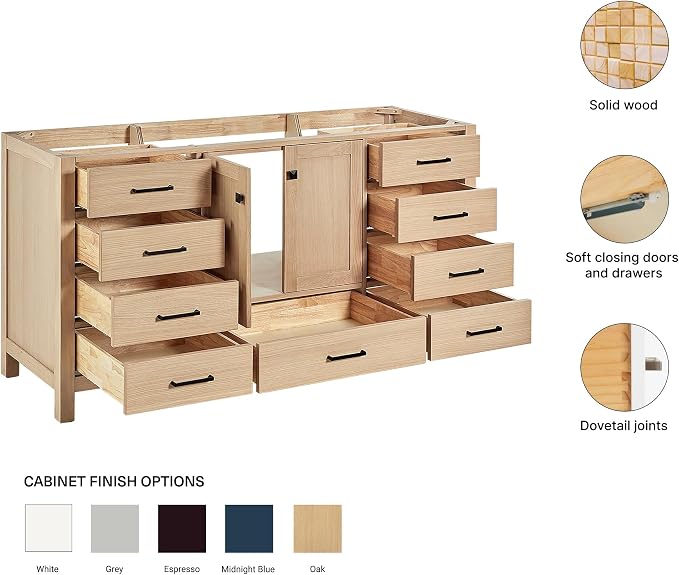 ARIEL Cambridge 66-inch Bathroom Vanity Base Cabinet,Solid Wood, 2 Soft Closing Doors, 9 Dovetail Drawers, White Oak
