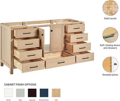 ARIEL Cambridge 66-inch Bathroom Vanity Base Cabinet,Solid Wood, 2 Soft Closing Doors, 9 Dovetail Drawers, White Oak