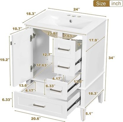 24.8" Bathroom Vanity with Ceramic Sink, Freestanding Bathroom Cabinet with Soft-Close Door, 3 Drawers & Spacious Storage, Solid Wood Frame and MDF, Modern White Vanity for Small Bathrooms