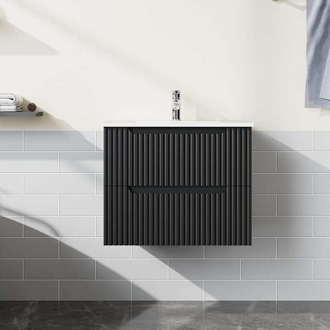 24” Wall Mounted Bathroom Vanity with Sink Floating Bathroom Cabinet Sink Combo, Soft-Close System, 2 Extra Big Drawers, Black