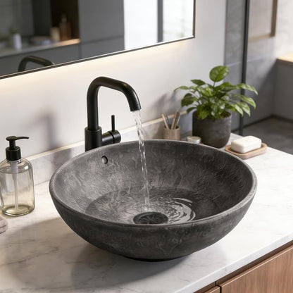 Ceramic Vessel Sink, Retro Round, 16.9" with Overflow | Handmade Wood-Grain Finish, Above Counter Install, Drain 1-3/4", Depth 6.5", Splash Guard, Scratch-Resistant, Easy Clean