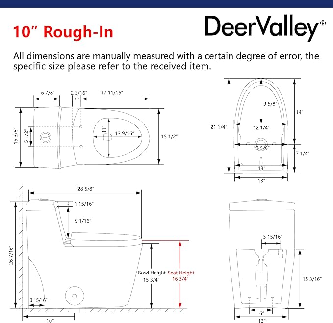 One Piece Toilet DeerValley 10" Rough-In Toilet for Bathroom 1.1/1.6 GPF Dual Flush Standard Bathroom Toilet with Soft-Closing and Quick-Release Seat DV-1F52816R