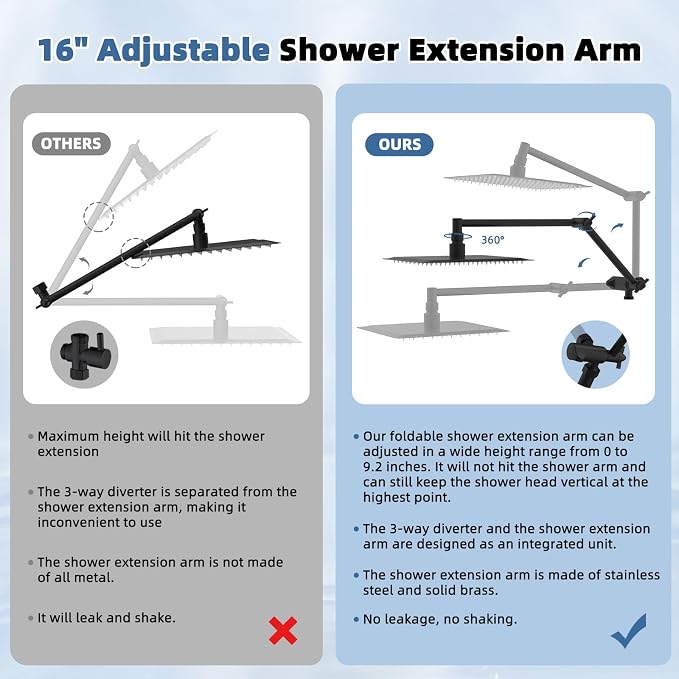 Metal 10" Rain Shower Head with Handheld, High-Pressure Showerhead,10-Mode | Black, Rainfall Shower Head with 5" Large Handheld Spray, Adjustable 16" Shower Extension Arm/71" Hose, Brass 3-Way Diverter