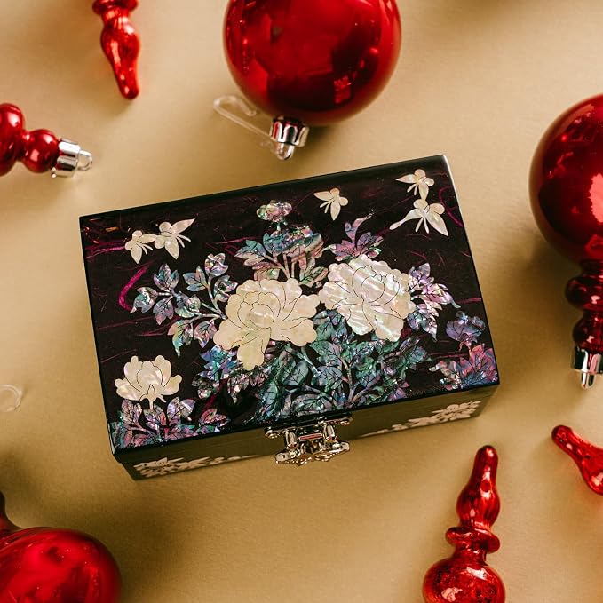 February Mountain Mother-of-Pearl Jewelry Box – Elegant Purple Lacquered Keepsake with Peony & Butterfly Design, Red Velvet Interior – Christmas, Birthday Gift, Unique Jewelry Organizer for Women